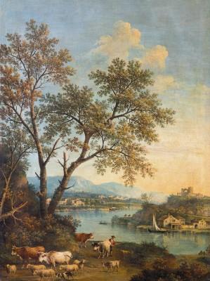 Ruhige landschaft mit fluss und dorf - artwork in frame preview