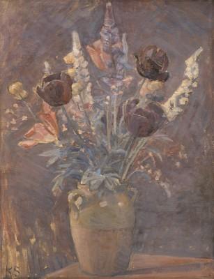 Lervase med tulipaner og andre blomster - artwork in frame preview