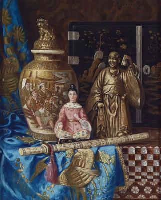 Stillleben mit asiatischer vase und skulpturen - artwork in frame preview
