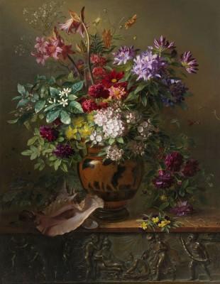 Stilleven met bloemen in een griekse vaas mit lila licht - artwork in frame preview