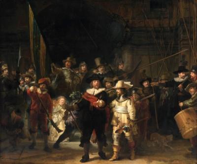De nachtwacht rembrandt van rijn in outdoor szene - artwork in frame preview