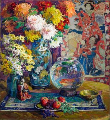 Flowers and goldfish im freien