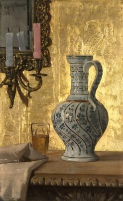 Krug und glas auf einem tisch im freien - artwork in frame preview