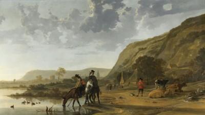 Rivierlandschaft mit reiterfiguren in der natur - artwork in frame preview