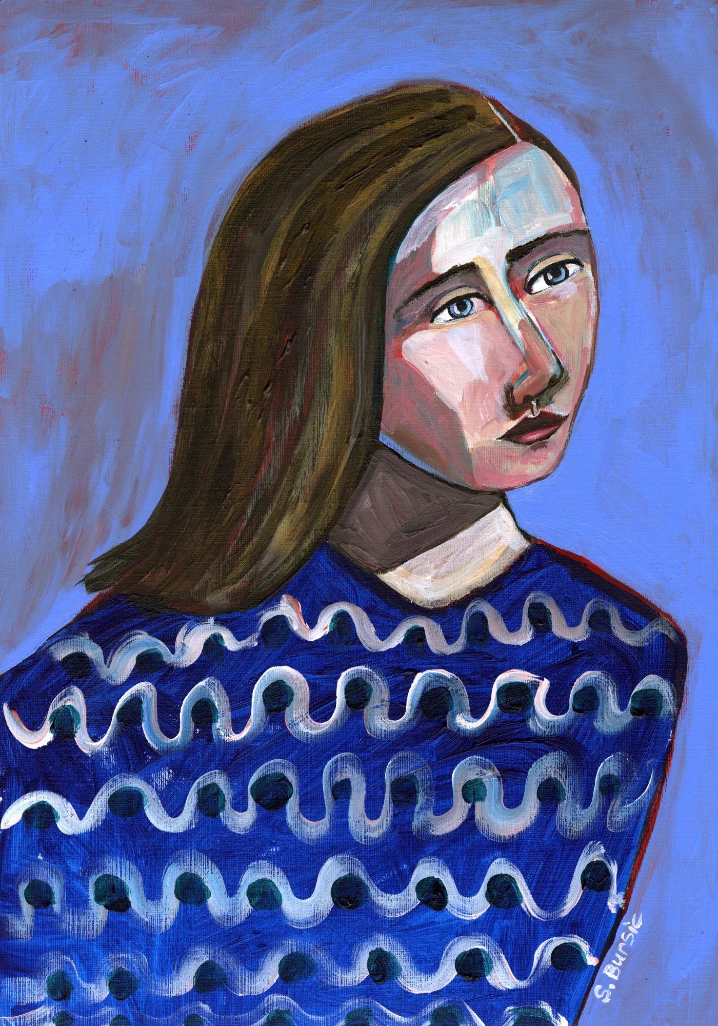 Frau im blauen pullover, naives porträt
