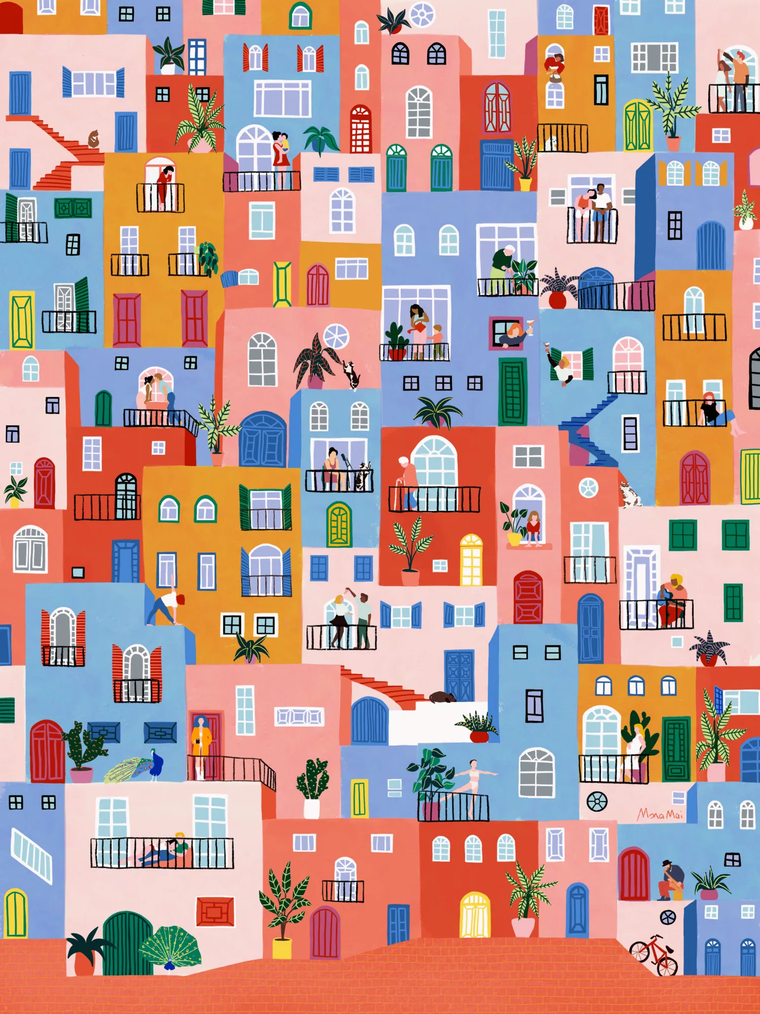 Verspielte stadtansicht in lebendigen farben