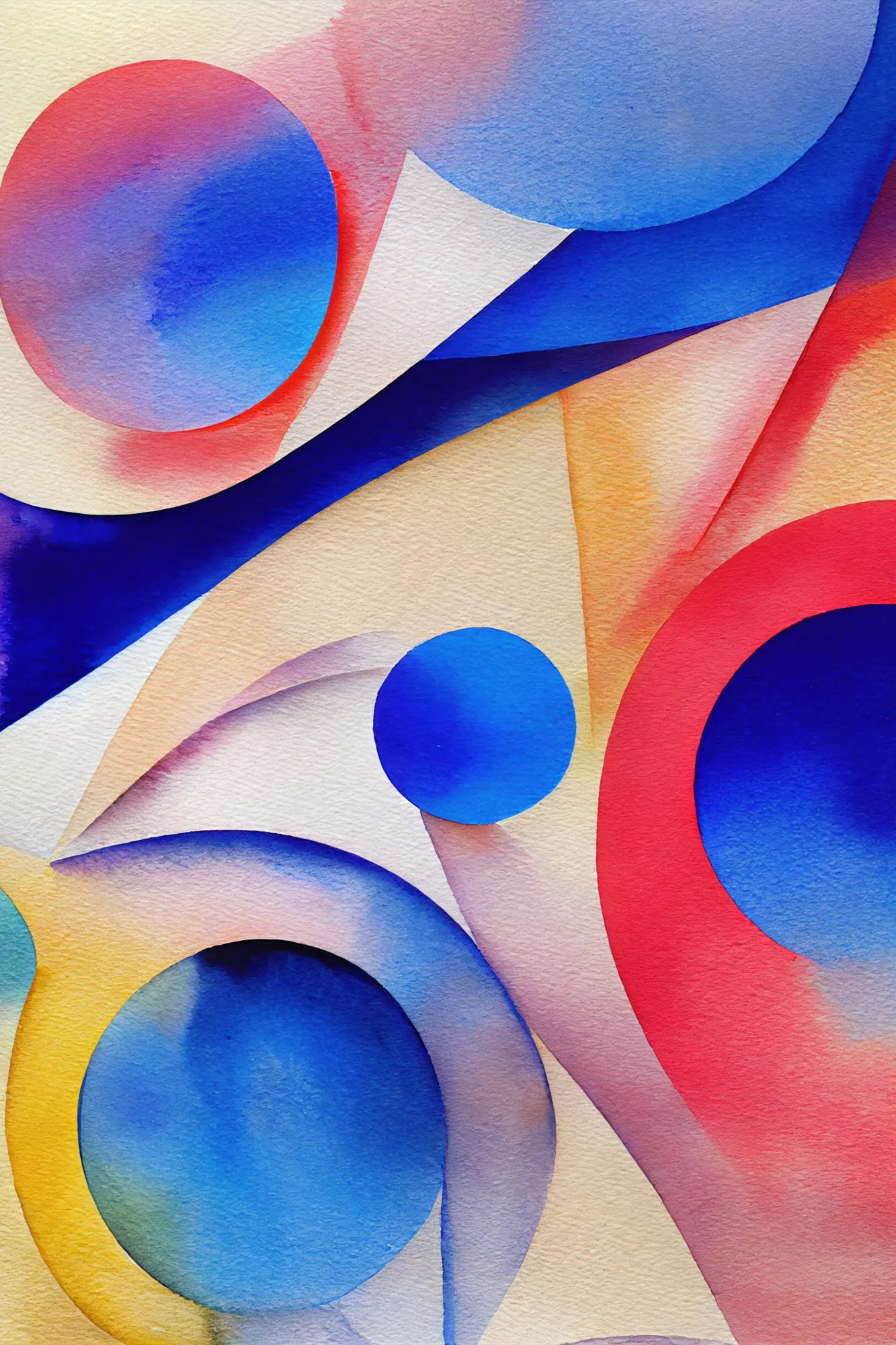 Abstrakte aquarelle mit geometrischen formen in rot blau gelb