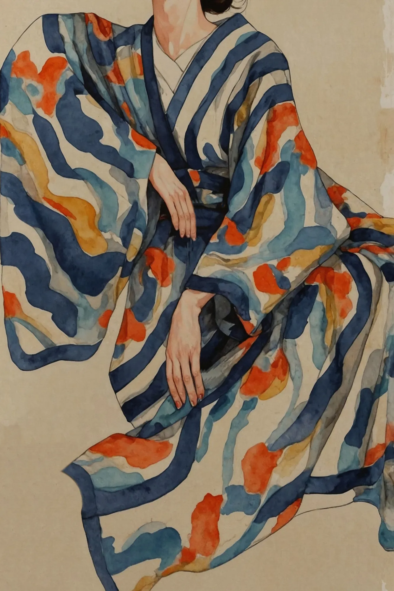 Fließende kimono-muster in aquarell