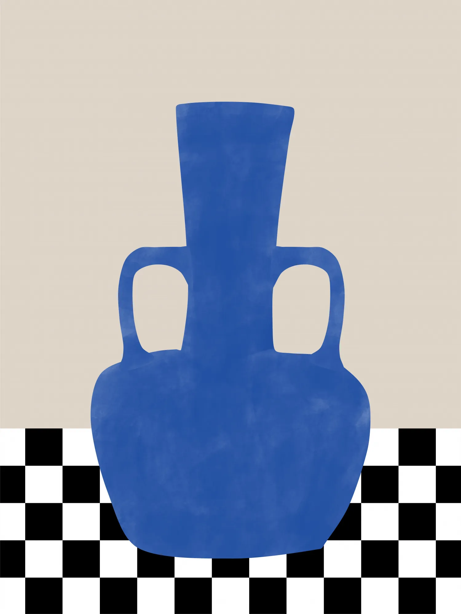 Blaue vase vor geometrischem schachbrett