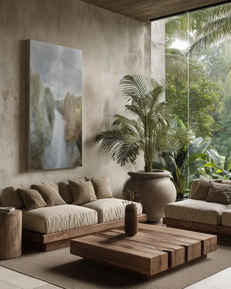 River, abstrakte landschaft in grün- und blaunuancen in interieur