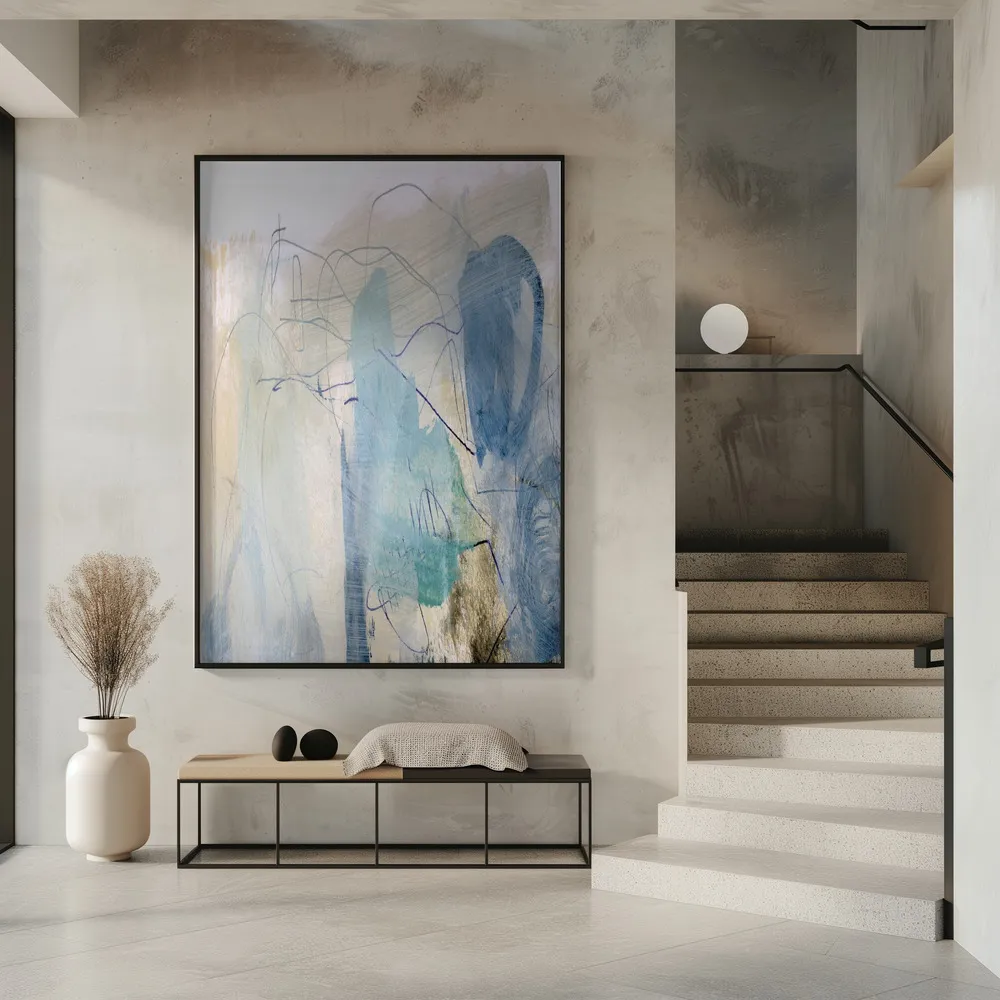 Abstrakte küstenszene in blau und grau in interieur