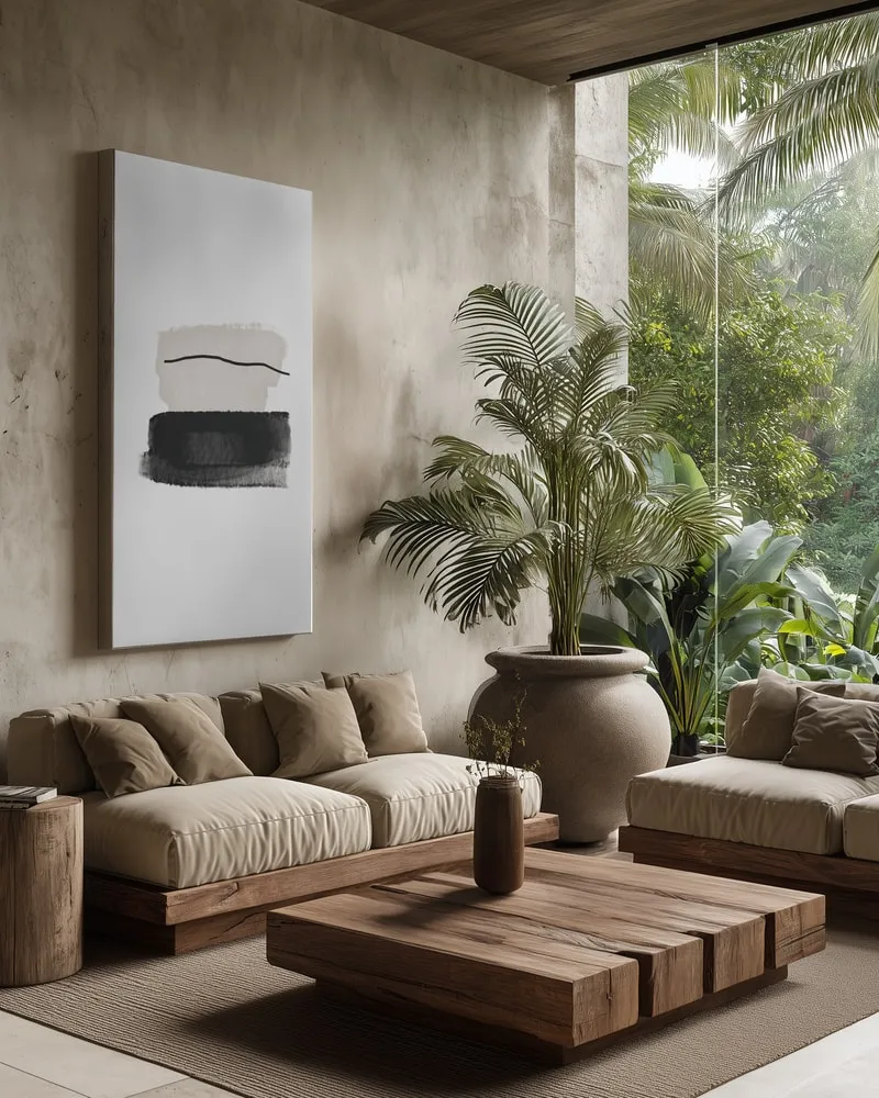 Black and beige brushstrokes in horizontal composition in interieur