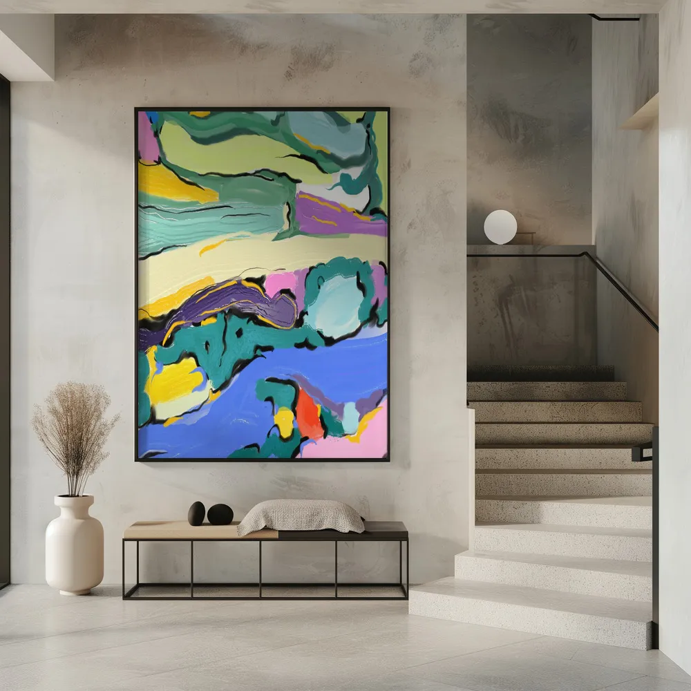 Lebendige abstrakte outdoor-landschaft mit fließender energie in interieur